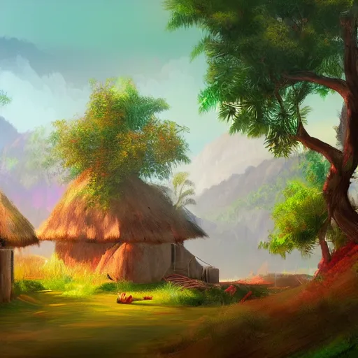 Prompt: beautiful landscape of a indian village, artstation, 4k, hd, digital art, colourful