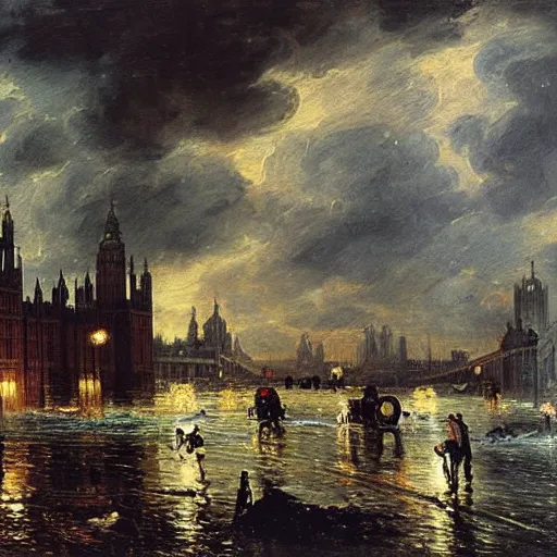 Image similar to London flooded underwater, traditional oil painting, detailed, painted by Constable