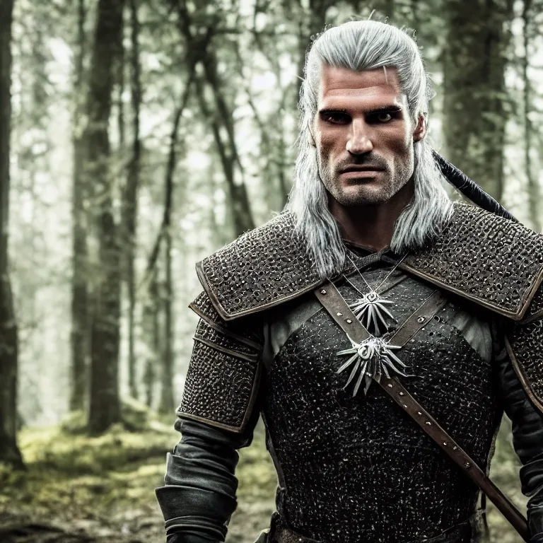 Image similar to 5 5 mm portrait photo of an armored handsome well - built male warrior, in a magical forest in the style the witcher, highly detailed 8 k. lifelike. soft light. nikon d 8 5 0. cinematic post - processing