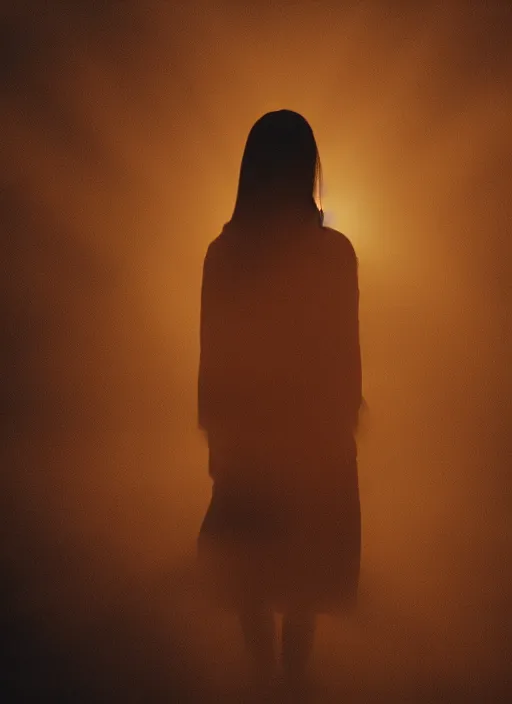 Image similar to a female silhouette, bright glowing translucent aura, fog, film grain, cinematic lighting