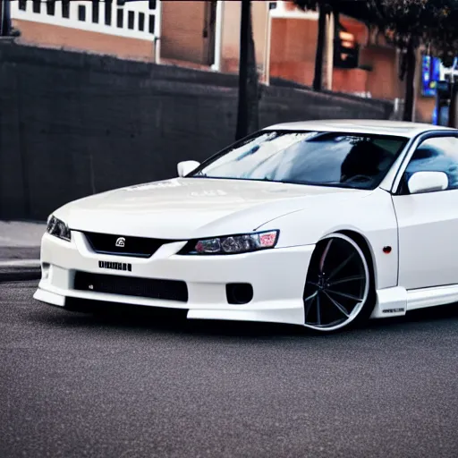 Image similar to white Nissan Silvia S15 made in 2020 modern Silvia S15 designed in 2020 parked on street wide angle photo 45mm mid distance