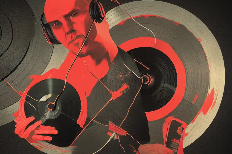 Image similar to a portrait of agent 4 7 from hitman wearing headphones and putting a vinyl record onto a turntable, dark background, red rim light, digital art, artstation, concept art by giger stalenhag