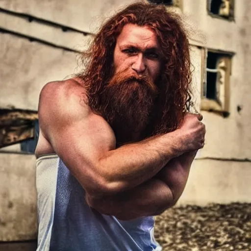 Prompt: soulful russian man with long wavy red hair, innocent green eyes, short goatee, and powerful muscles. wholesome, tender, kind!