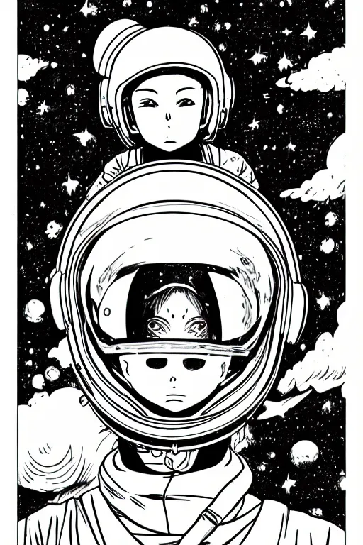 Image similar to manga portrait of a woman wearing a space helmet, akira toriyama, lineart, black and white, scifi, big clouds visible in the background, stars in the sky, high contrast, deep black tones