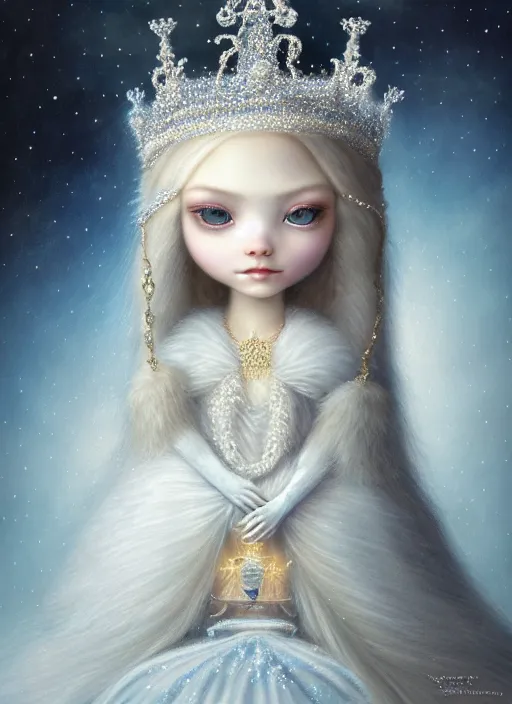 Image similar to highly detailed closeup portrait of a snow, ice princess wearing a crown and sitting on a throne, nicoletta ceccoli, mark ryden, lostfish, earl nore, global illumination, god rays, detailed and intricate environment