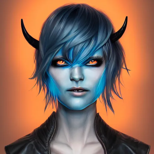 Image similar to illustrated realistic tilted head portrait human female prong-horned with blue bob hair and solid black-eyes black sclera wearing strap leather armor, orange glow, backlit by rossdraws