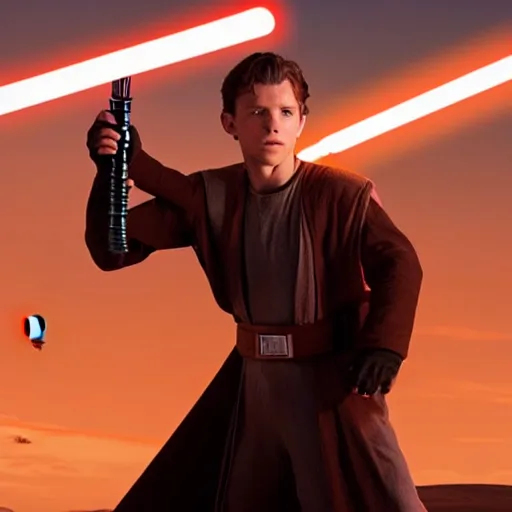 Image similar to tom holland plays anakin skywalker in the live action remake of star wars revenge of the sith, 3 5 mm photography, highly detailed, cinematic lighting, standing pose, holding a lightsaber, tatooine in the background, 4 k