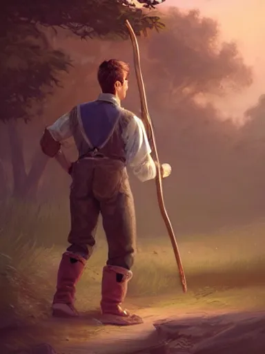 Prompt: portrait of a youthful handsome man walking in a rural area holding a staff. intricate, elegant, highly detailed, digital painting, artstation, concept art, sharp focus, illustration, by justin gerard and artgerm, 8 k