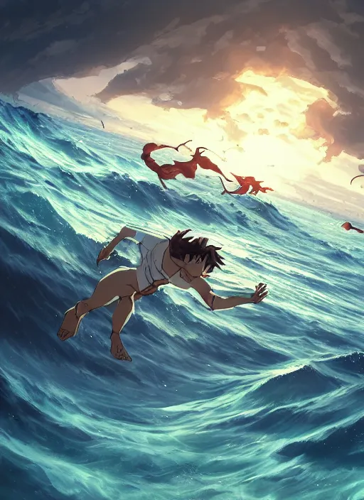 Prompt: An epic fantastic atmospheric comic book style painting of a ancient godnesses battling over the sea, fisheye lens, Makoto Shinkai, Ghibli, atmospheric, concept art, saturation 8，DAZ, dynamic lighting