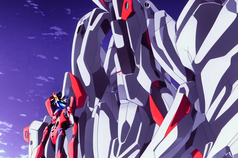 Image similar to anime illustration of black detailed evangelion eva - 0 1 standing menacingly behind ikari shinji copying his pose, cinematic lighting, evangelion anime poster, rebuild of evangelion 1 0 8 0 p, 9 0 s anime aesthetic, volumetric lights, rule of thirds, unreal engine render, pinterest wallpaper, trending on artstation