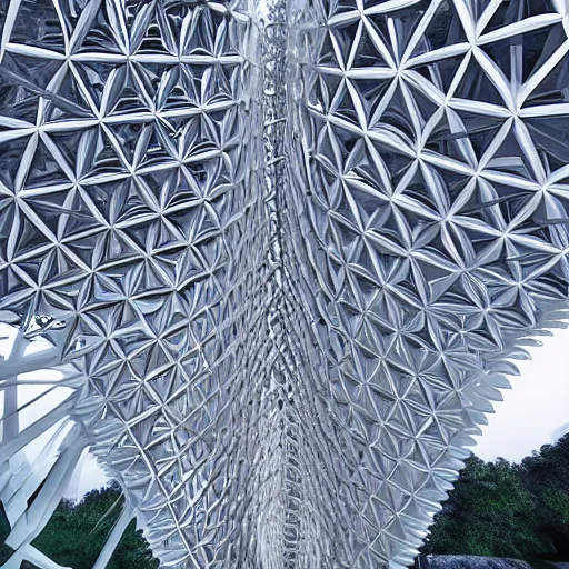 Image similar to fractal geometric pavilion architecture designed by santiago calatrava, flow, generative design, artstation, unreal engine.
