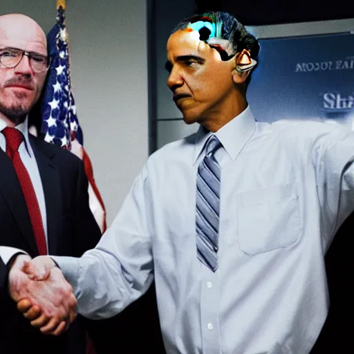 Image similar to press photo of Obama shaking hands with Walter White from Breaking Bad