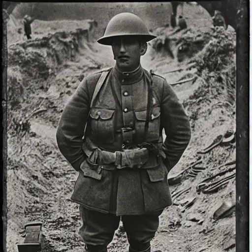 Image similar to Danny Gonzales as a soldier, ww1 trench, war photo, film grain