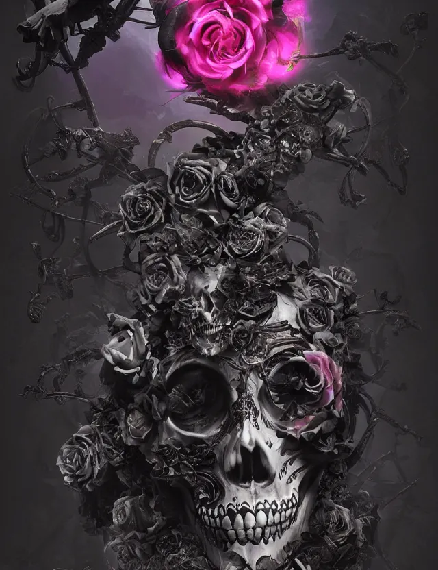 Image similar to a chaotic goddess of death skeleton as a heroine, intricate, elegant skull black rose s day of the dead atmospheric, dramatic, Trending on artstation. augmentations and cybernetic enhancements neon circuits, greg rutkowski , hyperrealist, cinema4D, 8k highly detailed