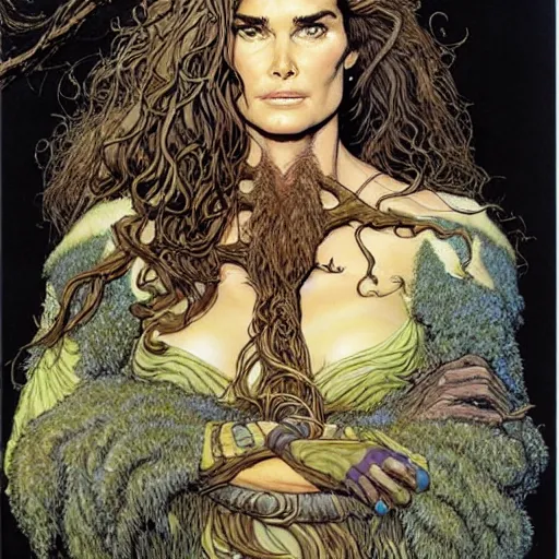 Image similar to a realistic, very beautiful and atmospheric portrait of brooke shields as a druidic warrior wizard looking at the camera with an intelligent gaze by rebecca guay, michael kaluta, charles vess and jean moebius giraud