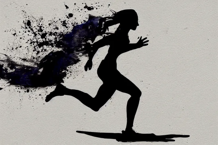 Image similar to beautiful serene running woman, healing through motion, life, minimalistic golden and ink airbrush painting on white background, pristine