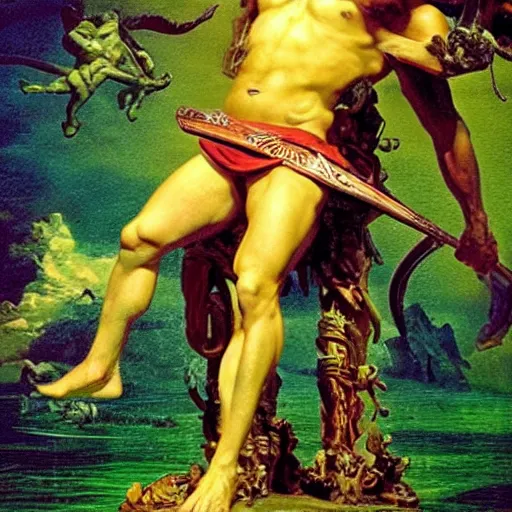 Prompt: balmy by david lachapelle vignetting. a experimental art of hercules after he has completed one of his twelve labors, the killing of the hydra. he is standing over the dead hydra, covered in blood clutching a sword that slew the beast. his face is expressionless.