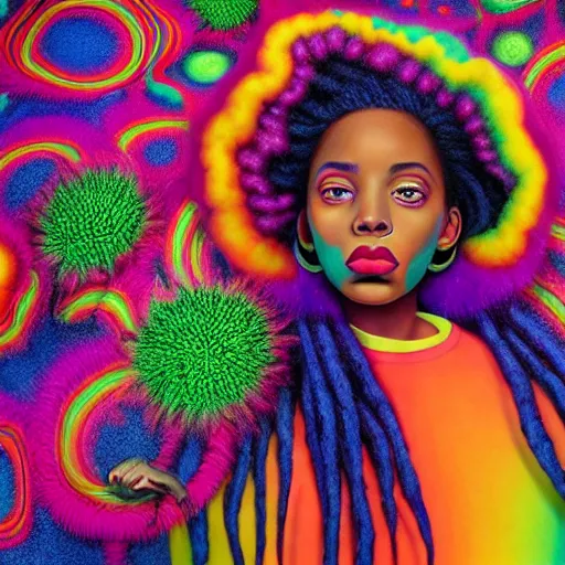 Image similar to a wide angle shot of a black girl with colorful dreadlocks in a field of candy, by Adi granov and afarin sajedi and amanda sage and evgeni gordiets and Agostino Arrivabene and adonna khare in a psychedelic portrait style, ultrarealistic matte painting, volumetric lighting, fractal, extremely symmetrical, highly detailed face, orisha, 8k, hd