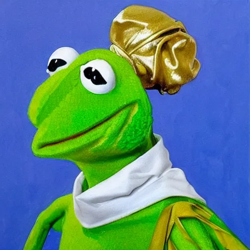 Image similar to kermit with a pearl earring, incredibly detailed, hyperrealistic, stylistic, painting