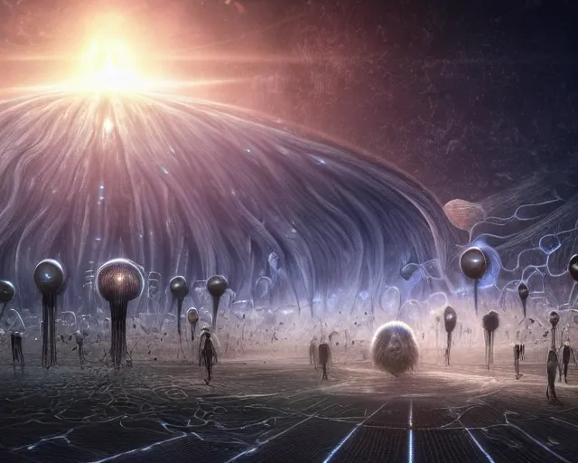 Image similar to realistic textured magnetosphere, beautiful hairy humanoids, love, joy, complex cybernetic beings, glowing hair, vortexes, large array, ornate hair, cinematic light shadows, wet hdr refractions, insanely detailed rendering, cybernetic civilizations, 8 k, * * * * *