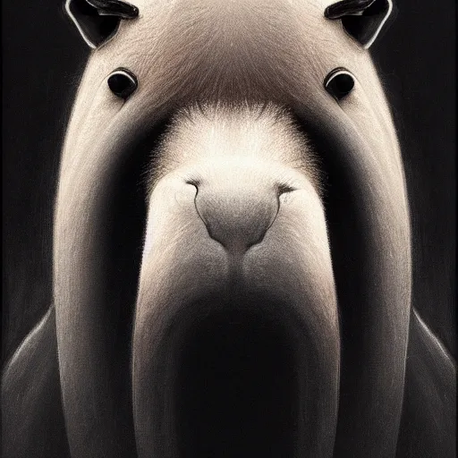 Image similar to a portrait of a capybara wearing a black hood, cloak covering face, anatomically correct, beautiful perfect face, enigmatic, oil painting, matte, black background, volumetric dynamic lighting, highly detailed, cinematic lighting, unreal engine, 8 k, hd, by beksinski