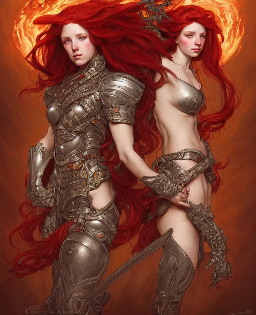 Image similar to beautiful young princess, fire wizard, with fire red hair, freckles. wearing armor inspired by giger with an exposed midriff, standing on a mountain top with epic clouds and volumetric lighting. intricate illustration and highly detailed digital painting. concept art by artgerm. inspired by alphonse mucha, brom art, and larry elmore.