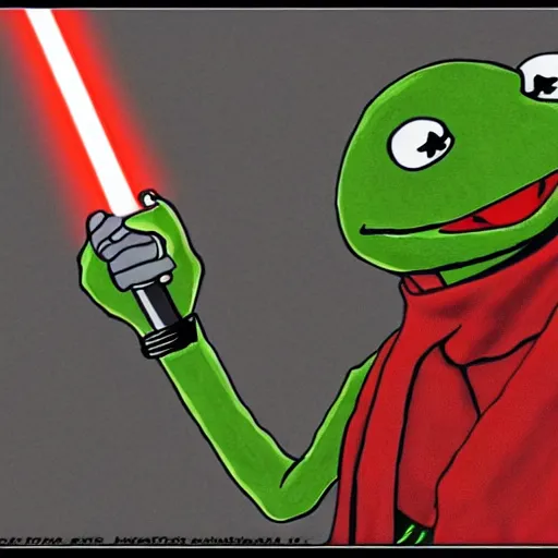 Prompt: kermit the frog as a sith lord wielding a red lightsaber, realistic