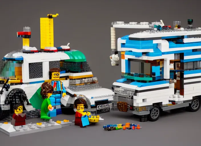 Image similar to product photo still of walter white winnebago lego playset, 8 k, 1 2 0 mm macro, f 1. 8, studio lighting, key light