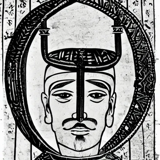 Image similar to stylized symmetrical portrait of Abbas ibn Firnas wearing his steampunk prosthetic mechanical dragon fly wings. a handsome face and a sly smile. ancient Islamic Iberia style.