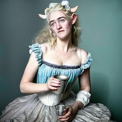 Prompt: A 18th century, messy, silver haired, (((insane))) elf princess (look like ((young Kate Winslet))), dressed in a frilly ((ragged)), wedding dress, is ((drinking a cup of tea)). Everything is underwater! and floating. Greenish blue tones, theatrical, (((underwater lights))), high contrasts, digital art by Tim Burton