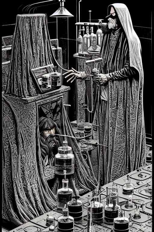 Image similar to ancient cloaked wizards mixing potions in his laboratory, high details, intricately detailed, by vincent di fate, inking, 3 color screen print, masterpiece, trending on artstation,, sharp, details, hyper - detailed, hd, 4 k, 8 k