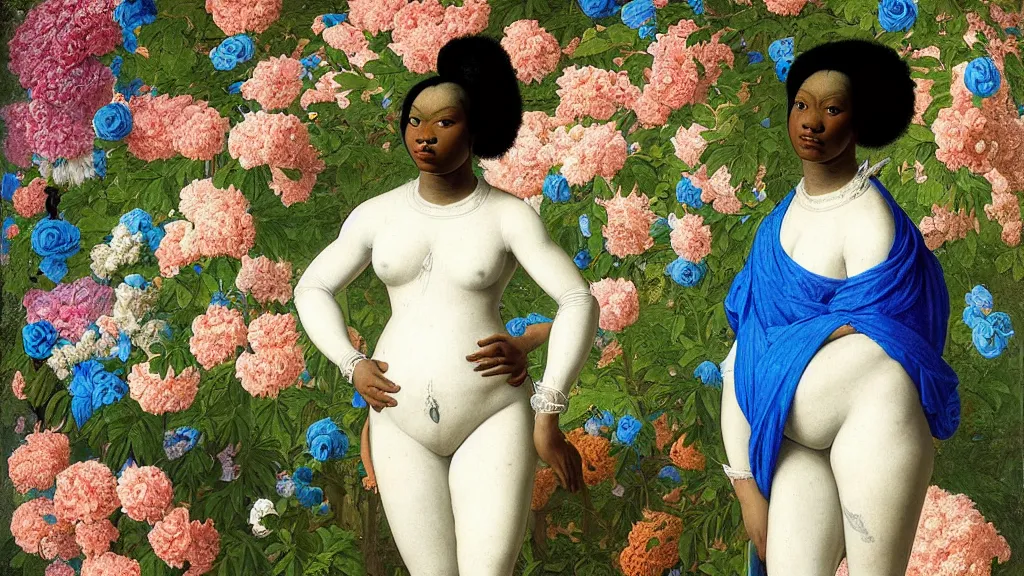 Image similar to portrait of a black woman with white and neon blue hair, wearing a white t-shirt, standing in a garden full of flowers, intricate details, high detail, in a renaissance style, super-flat, in the style of Jean Auguste Dominique Ingres, James Jean, punk, Asian art