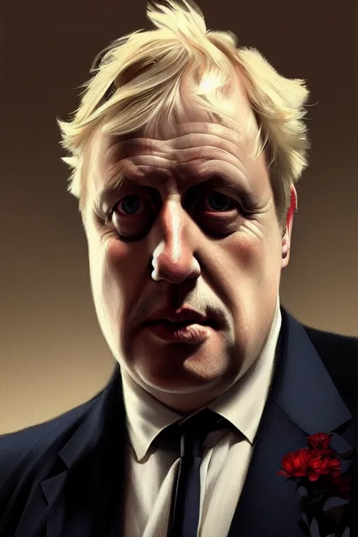 Prompt: Boris Johnson as Vito Corleone, realistic portrait, symmetrical, highly detailed, digital painting, artstation, concept art, smooth, sharp focus, illustration, cinematic lighting, art by artgerm and greg rutkowski and alphonse mucha