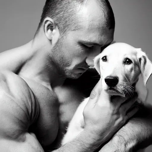 Prompt: shirtless muscular man with chiseled jawline petting a puppy, black and white studio photography