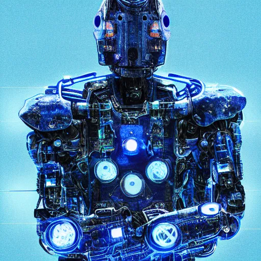 Prompt: Robot Machine God, by Ben Nicholas, micro-details, blue tinted lighting, cybernetic, complicated, mechanical, rusted, blue torn fabric, blue cloak, glowing mechanical eyes, sombre, highly detailed, character portrait, digital concept art