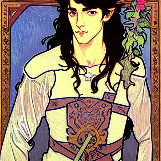 Image similar to painting of young handsome beautiful paladin elf!! man with long! wavy dark hair in his 2 0 s named taehyung minjun at the blueberry party, wearing armor!, long hair, elf ears, blue eyes, blueeyes, elegant, delicate, soft facial features, art, art by alphonse mucha, vincent van gogh, egon schiele,