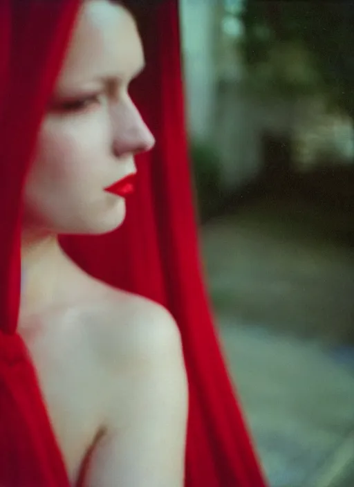 Image similar to extra close-up, color film photography, portrait of beautiful woman in red silk, in style of nan goldin, blue hour, 35mm, film photo