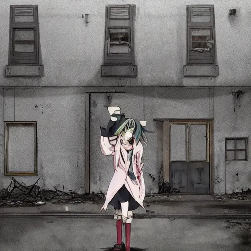 Prompt: Abandoned and derelict apartment complex with a desolate robot standing in front of it in the style of Shōjo Shūmatsu Ryokō (girl's last tour) made by Tsukumizu, pixiv, pinterest anime, art by a known anime artist, art by manga, realistic, wide focus, 8k ultra, insanely detailed, intricate, elegant, art by Laurie Lipton, digital art