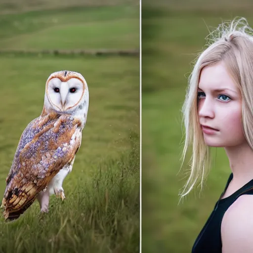 Prompt: symmetry!! portrait photograph shot on petzval lens of an extremely pretty!!! young blonde female with symmetric face. with a very detailed barn owl!!!!! on her shoulder. in iceland. out of focus. shallow depth of field. featured on flickr, art photography,