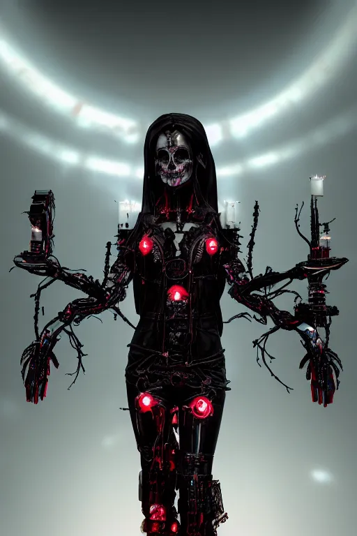 Prompt: full-body cyberpunk style sculpture of a young beautiful dark priestess, half android with a head opening exposing circuitry, glowing red eyes, black roses, flowing blood-red colored silk. fabric, candles. baroque elements, human skull. full-length view. baroque element. intricate artwork by caravaggio. crows flying in background. Trending on artstation, octane render, cinematic lighting from the right, hyper realism, octane render, 8k, depth of field, 3D