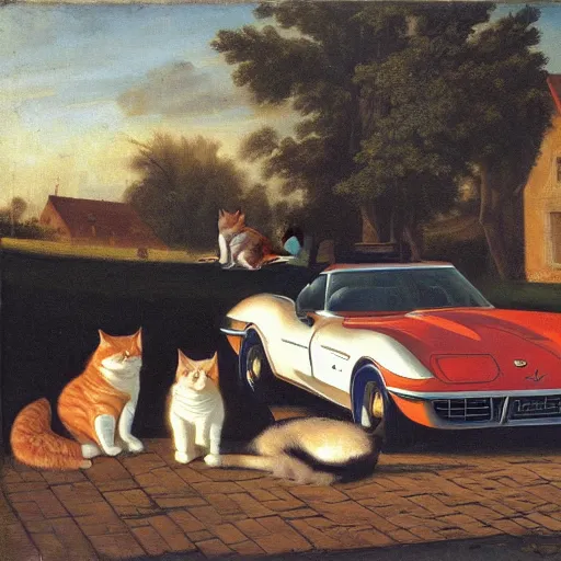 Image similar to corvette with cats sitting in and on the car, old dutch painting, golden hour, shadows, wide shot