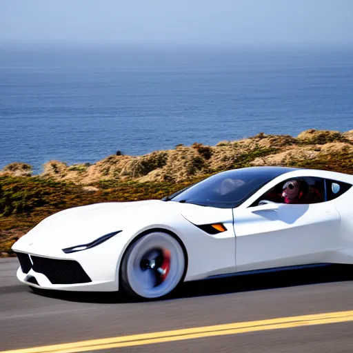 Image similar to a dslr photograph of a white ferrari concept racing along the pacific coast highway, ocean in the background, 8 k,
