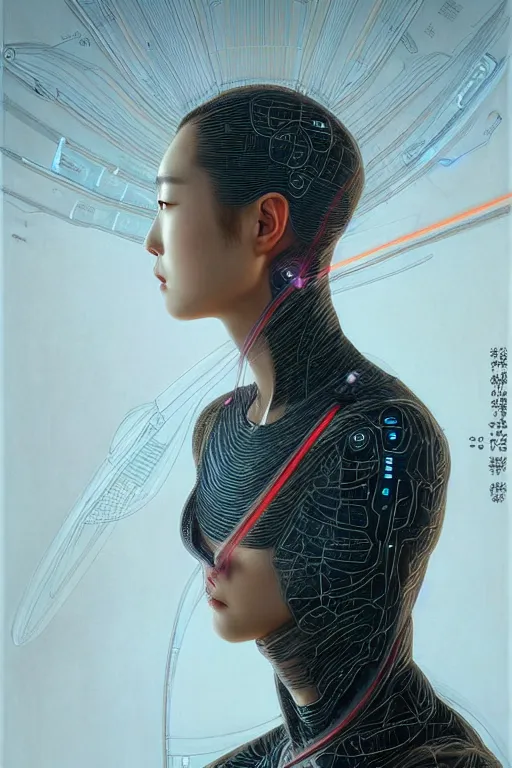 Image similar to portrait futuristic of hoyeon jung as airforce girl, inside future fighter, sci - fi, fantasy, intricate, very very beautiful, elegant, human anatomy, neon strip light, highly detailed, concept art, smooth, sharp focus, illustration, art by dino valls and nicola samori and james jean