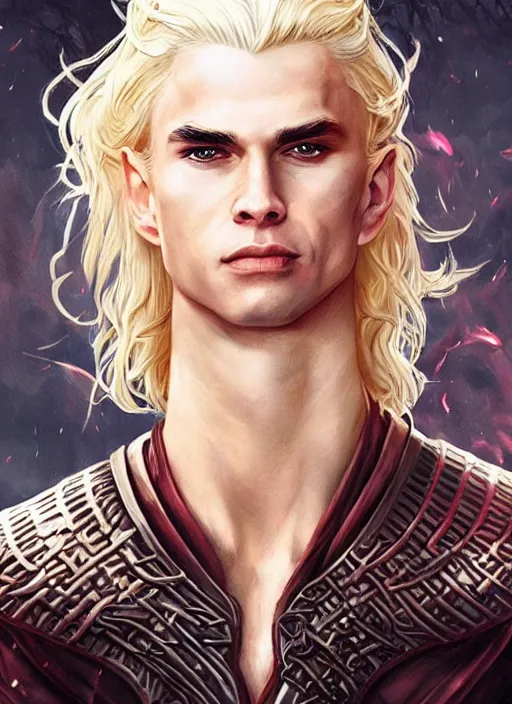 Image similar to handsome viserys targaryen as a muscular angel of battle, urban fantasy romance book cover, D&D!, fantasy style, sharp focus!, ultra detailed, art by Artgerm and Peter Andrew Jones, WLUP