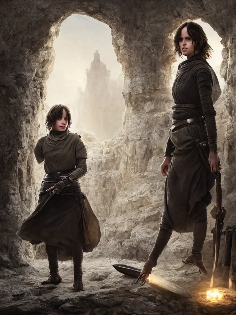 Image similar to portrait of jyn erso in a beautiful medieval skirt in a stone courtyard holding a knife, confident pose, coherent, insane detail, concept art, character concept, cinematic lighting, global illumination radiating a glowing aura