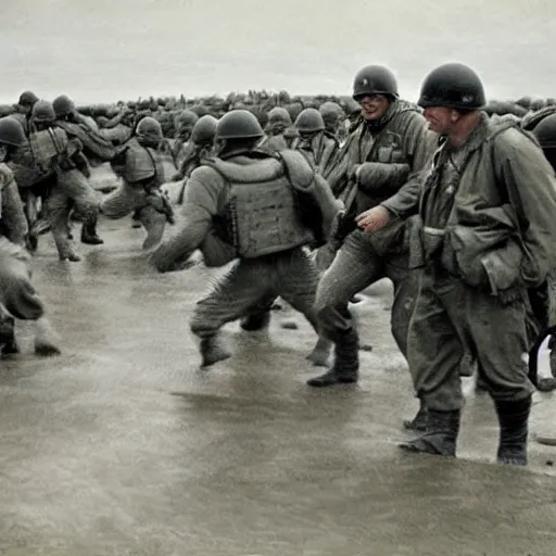 Prompt: Photo by Robert Sargent from 1944 Omaha beach landing at Normandy on D-Day with the Incredible Hulk leading the charge, very detailed, realistic