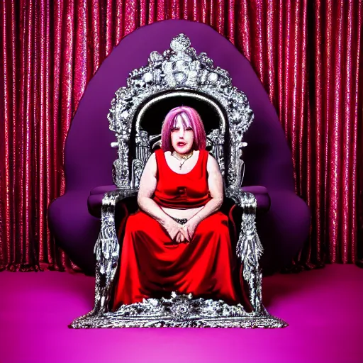 Image similar to A 4k photo skinny woman with purple hair wearing a diamond crown, sitting in a red throne in a dark and obscure room.