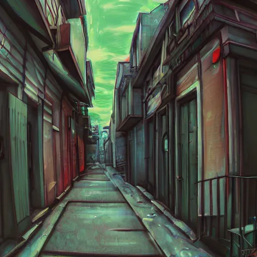 Image similar to alley among residental buildings, ghetto neiborhood, anime style painting, fish eye effect, wide angle