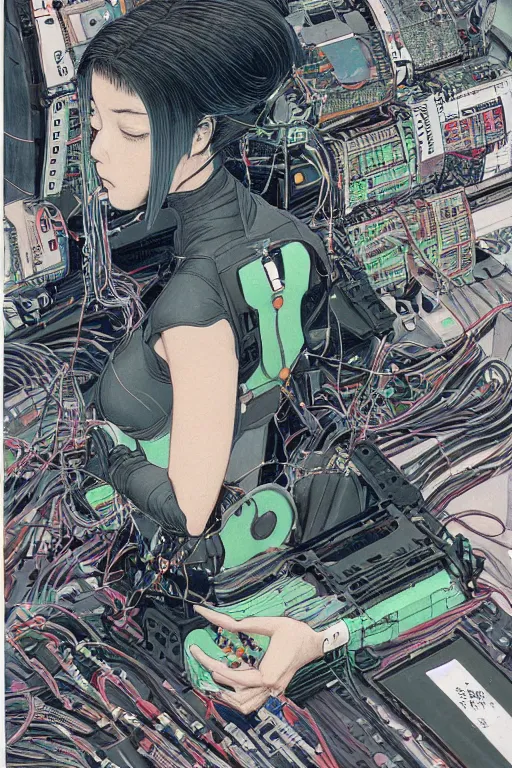 Prompt: an hyper-detailed cyberpunk illustration of a female android seated on the floor in a tech labor with a bob cut, seen from the side with her body open showing cables and wires coming out, by masamune shirow, and katsuhiro otomo, japan, 1980s, centered, colorful