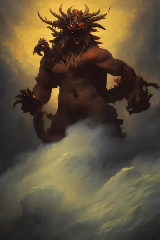 Image similar to oil painting of a pit lord demon, in style of ivan aivazovsky, expressive face, detailed face, detailed eyes, full body, feminine face, tracer overwatch,